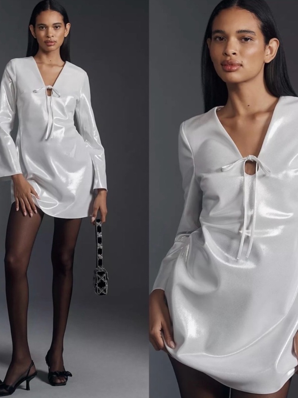 By Anthropologie Long-Sleeve V-Neck Metallic Mini Dress | Size XL New w/o tags